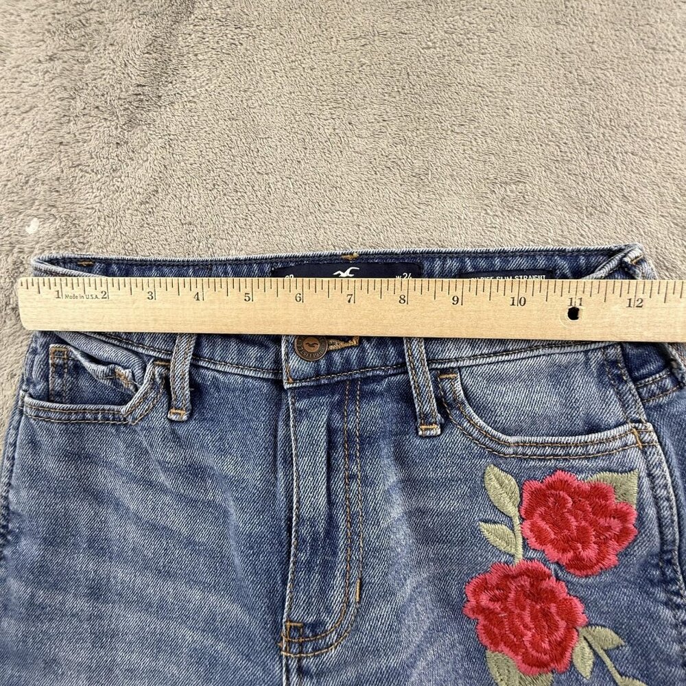 Hollister High Rise Slim Straight Jeans Women 0R Distressed Rose Embroidered Y2K - Picture 13 of 16